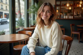 Femme souriante dans un café parisien lumineux