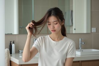 Jeune femme examinant ses cheveux dans la salle de bain