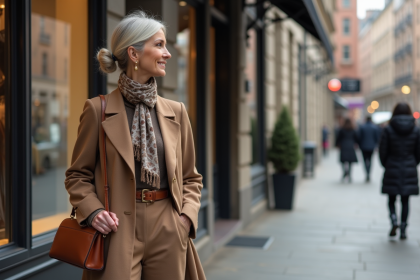 Femme élégante dans la rue en tenue mode sophistiquée