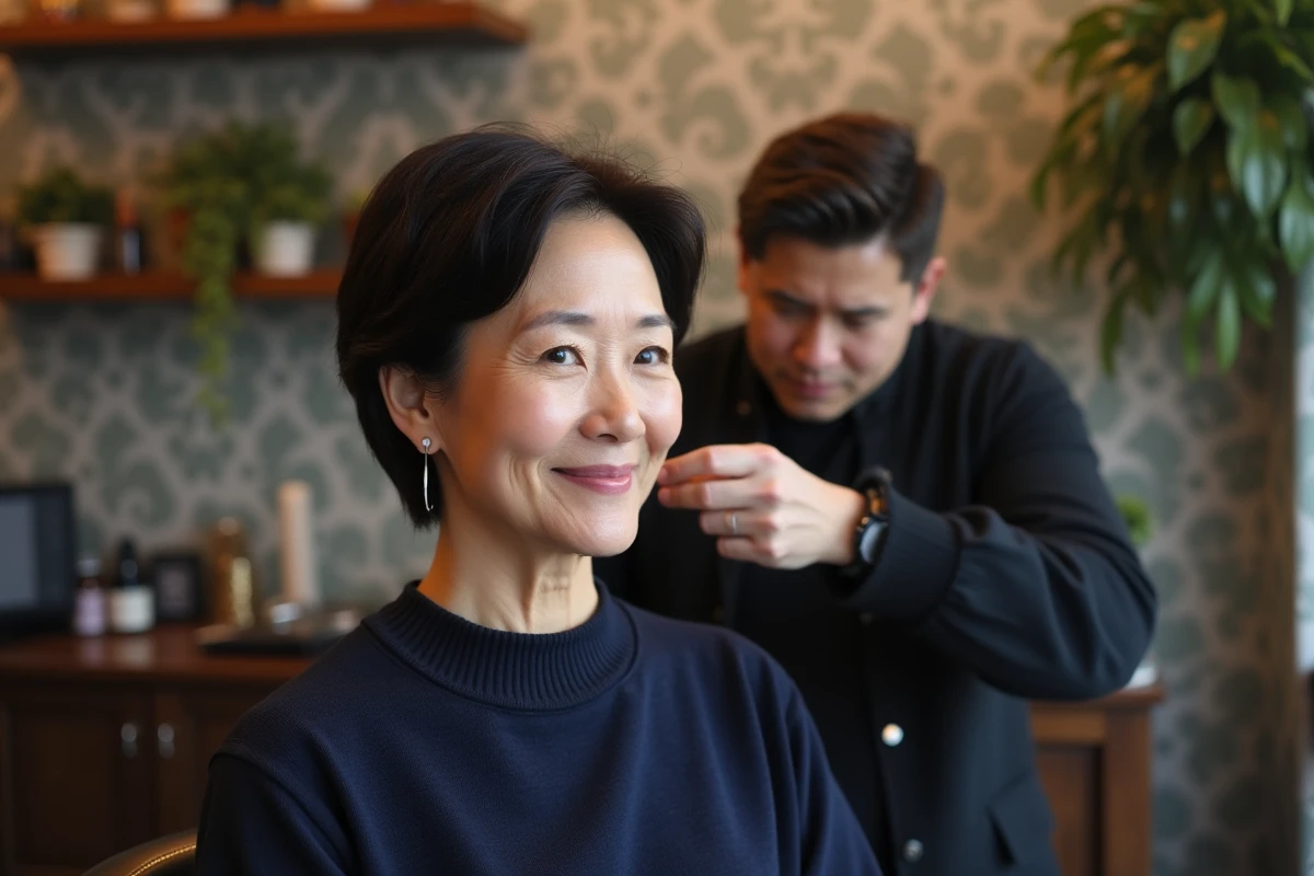 Femme coiffant un taper fade dans un salon chaleureux