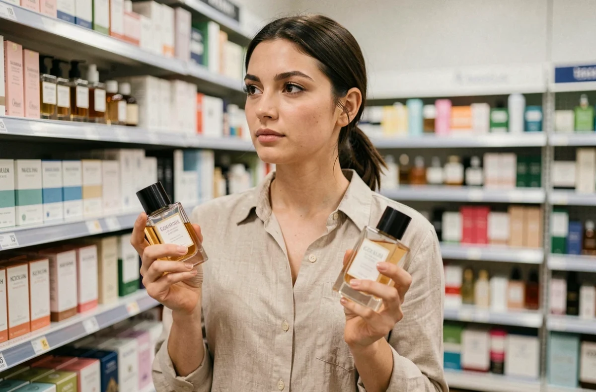 Jeune femme comparant deux flacons de parfum dans une allée beauté, tenant un original de luxe et un dupe, expression réfléchie