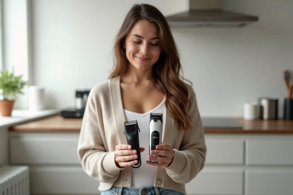 Femme compare deux trimmers Maxbarber dans une cuisine lumineuse