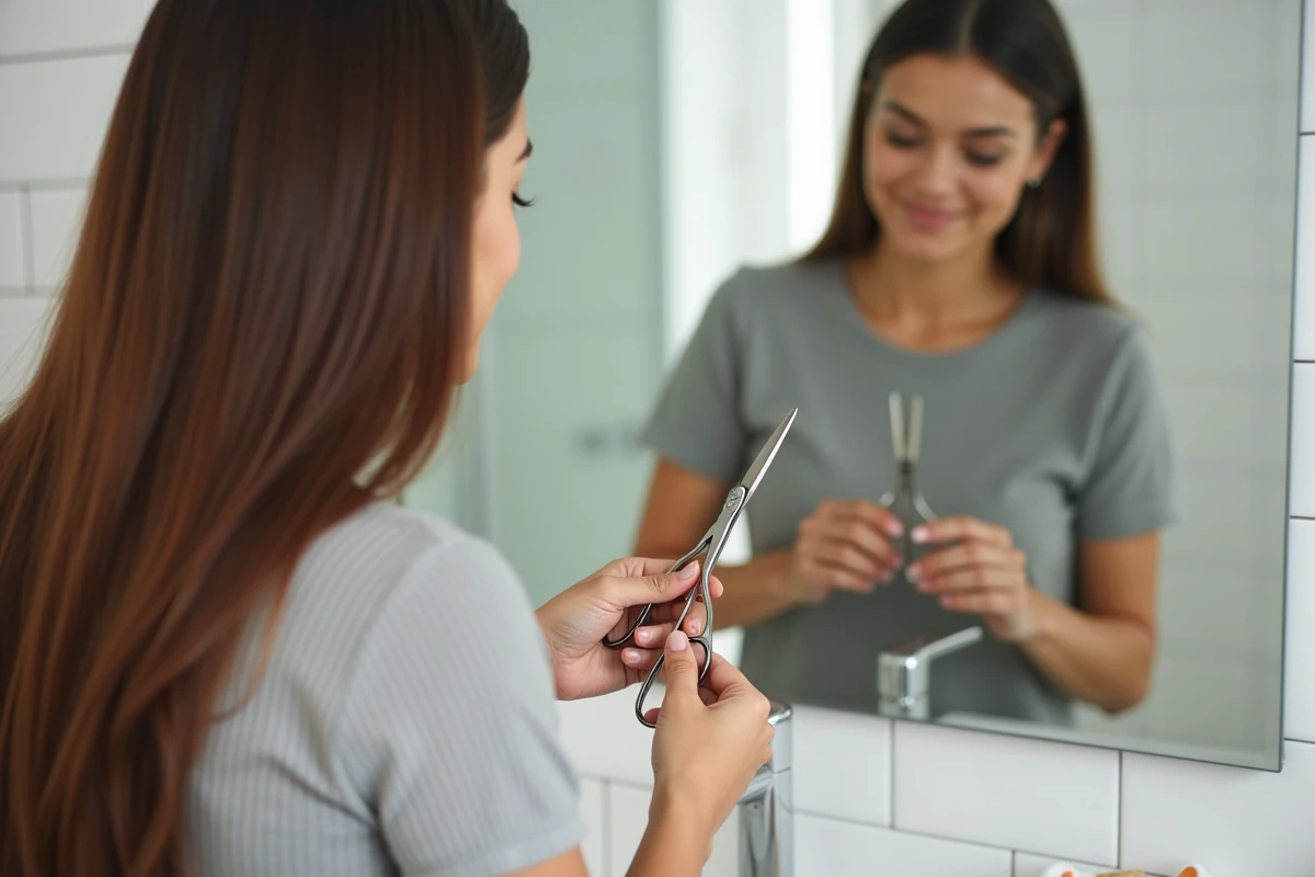 Femme qui se coupe les pointes elle-même devant un miroir de salle de bain avec des ciseaux professionnels