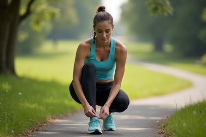 Femme sportive en pleine préparation pour sa course matinale dans un parc