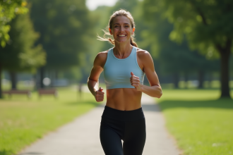 Femme sportive courant dans un parc verdoyant