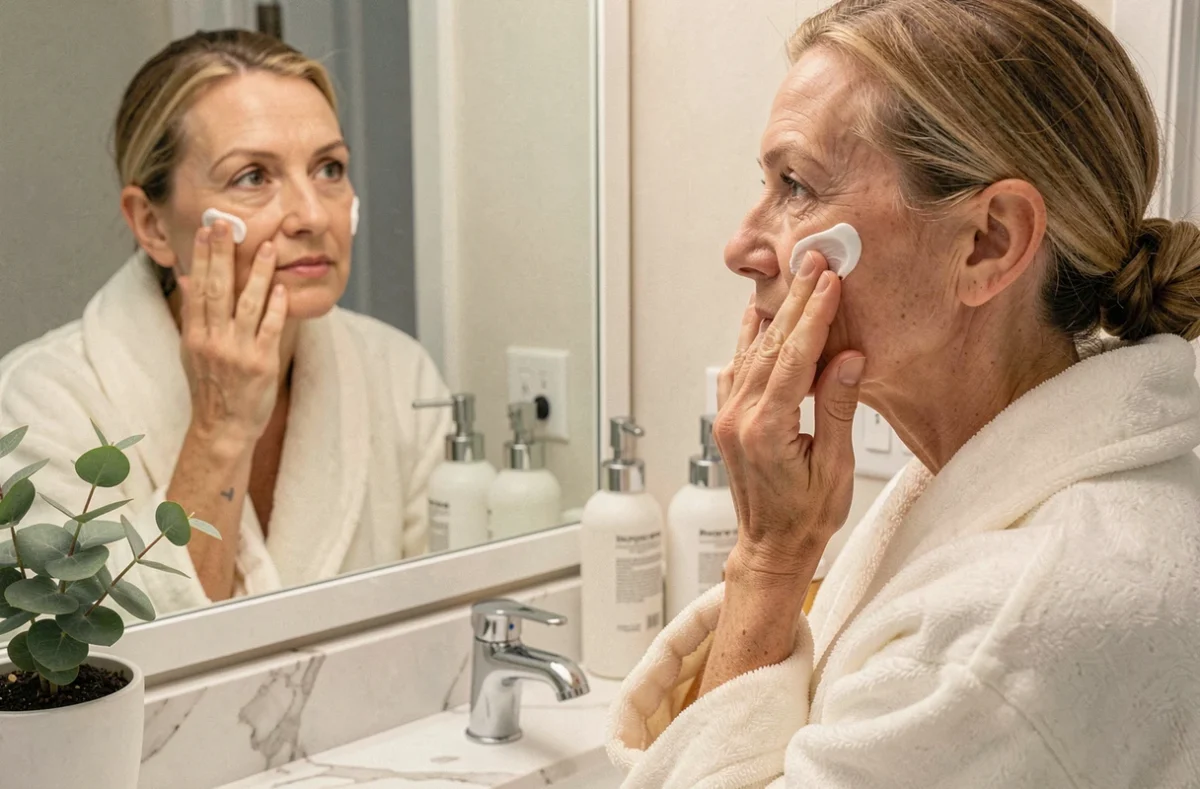 Femme mature appliquant une crème anti-rides Wrinkle Power sur son visage devant un miroir de salle de bain
