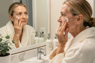 Femme mature appliquant une crème anti-rides Wrinkle Power sur son visage devant un miroir de salle de bain