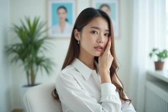 Femme en consultation dermatologique avec expression préoccupée