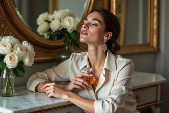Femme élégante avec parfum près du collier