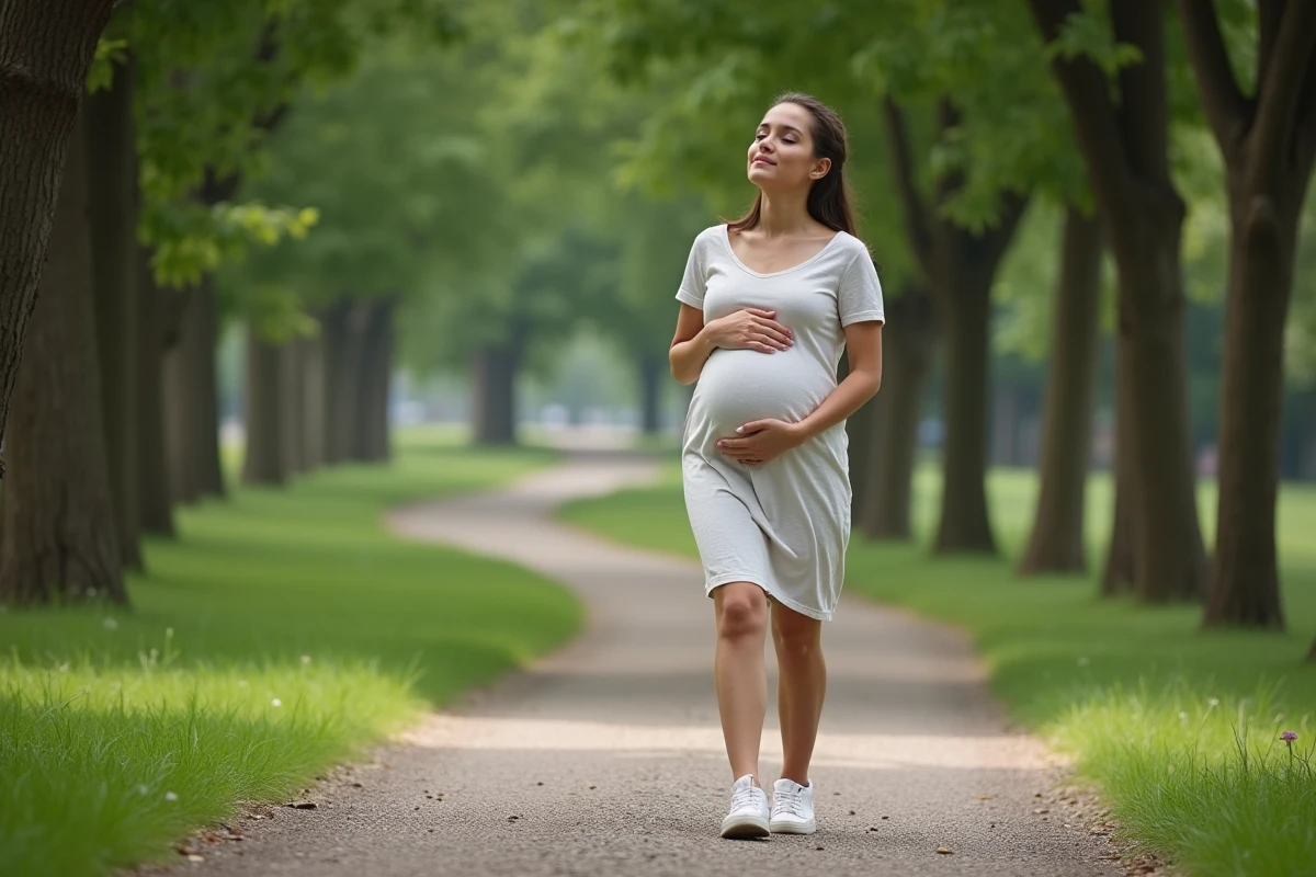 Femme enceinte marchant dans un parc verdoyant
