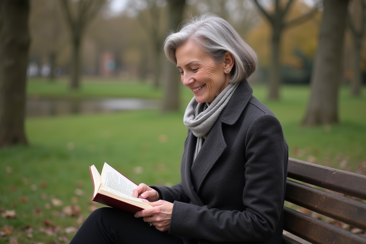 Femme européenne lisant dans un parc calme et verdoyant