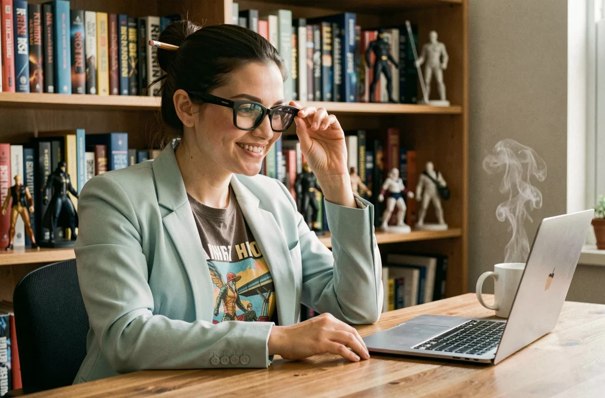 Jeune femme geek stylée avec blazer pastel et lunettes géométriques dans un bureau cosy rempli de livres et figurines
