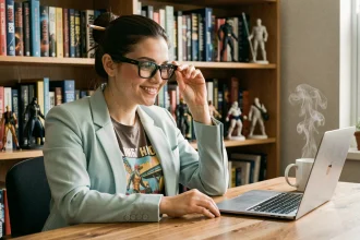 Jeune femme geek stylée avec blazer pastel et lunettes géométriques dans un bureau cosy rempli de livres et figurines
