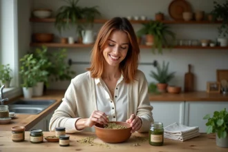Femme souriante mélangeant des herbes dans la cuisine