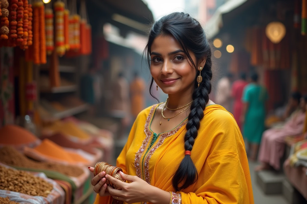 Femme indienne en costume churidar jaune moutarde examinant des bracelets dans un marché traditionnel de Old Delhi