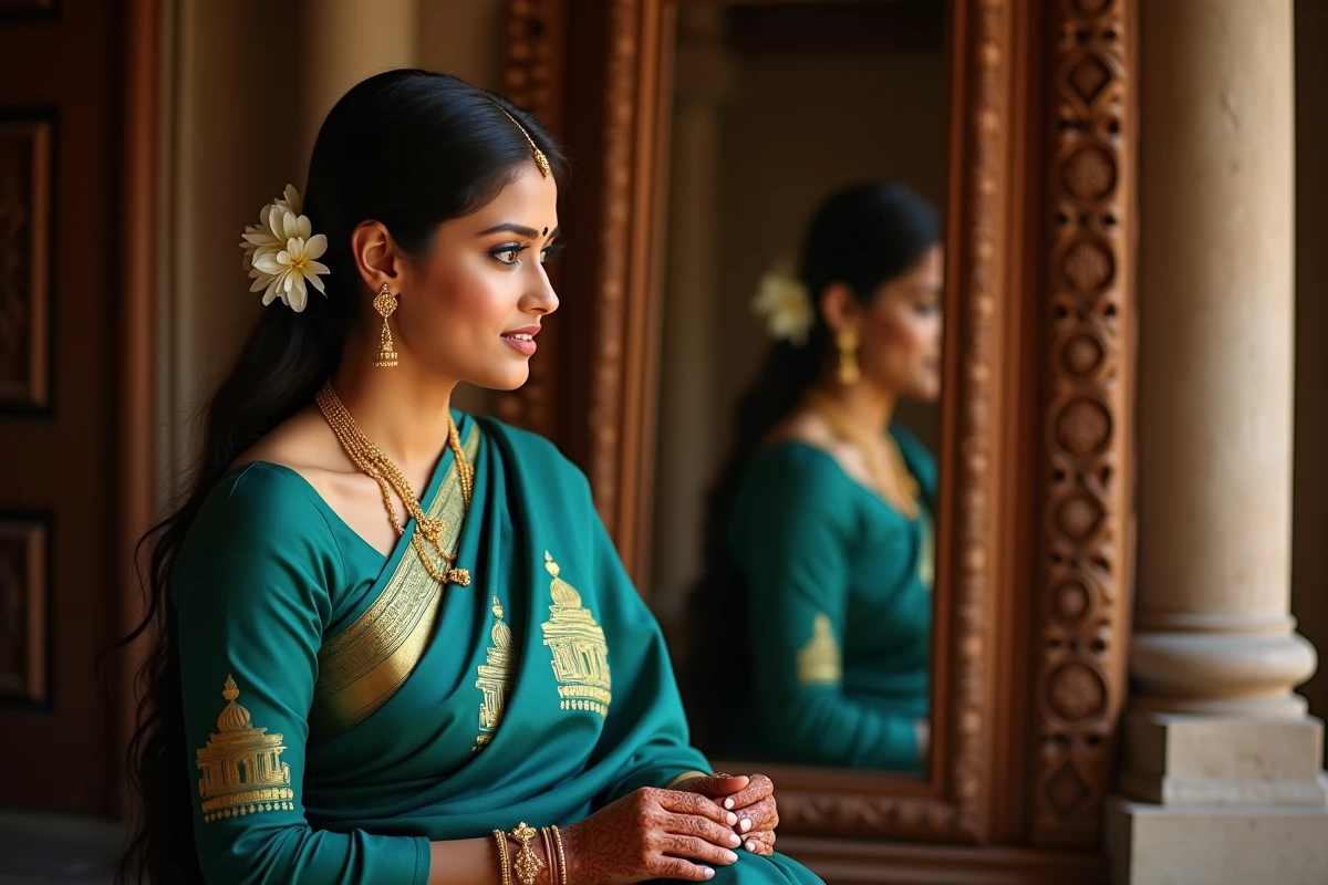 Femme indienne en sari Kanjivaram teal avec henné et fleurs traditionnelles devant un miroir en bois sculpté