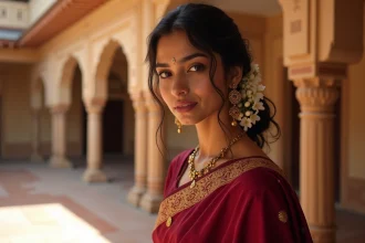 Jeune femme indienne en sari rouge traditionnel avec bijoux dorés dans une cour de haveli rajasthani