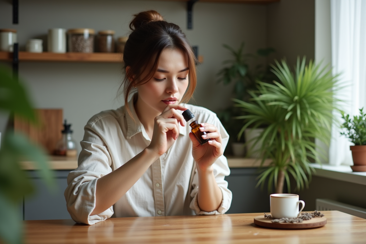 Femme respirant une huile essentielle dans une cuisine chaleureuse
