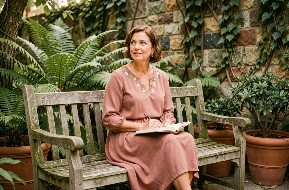 Femme épanouie dans un jardin botanique tenant un journal, évoquant une citation inspirante sur la beauté