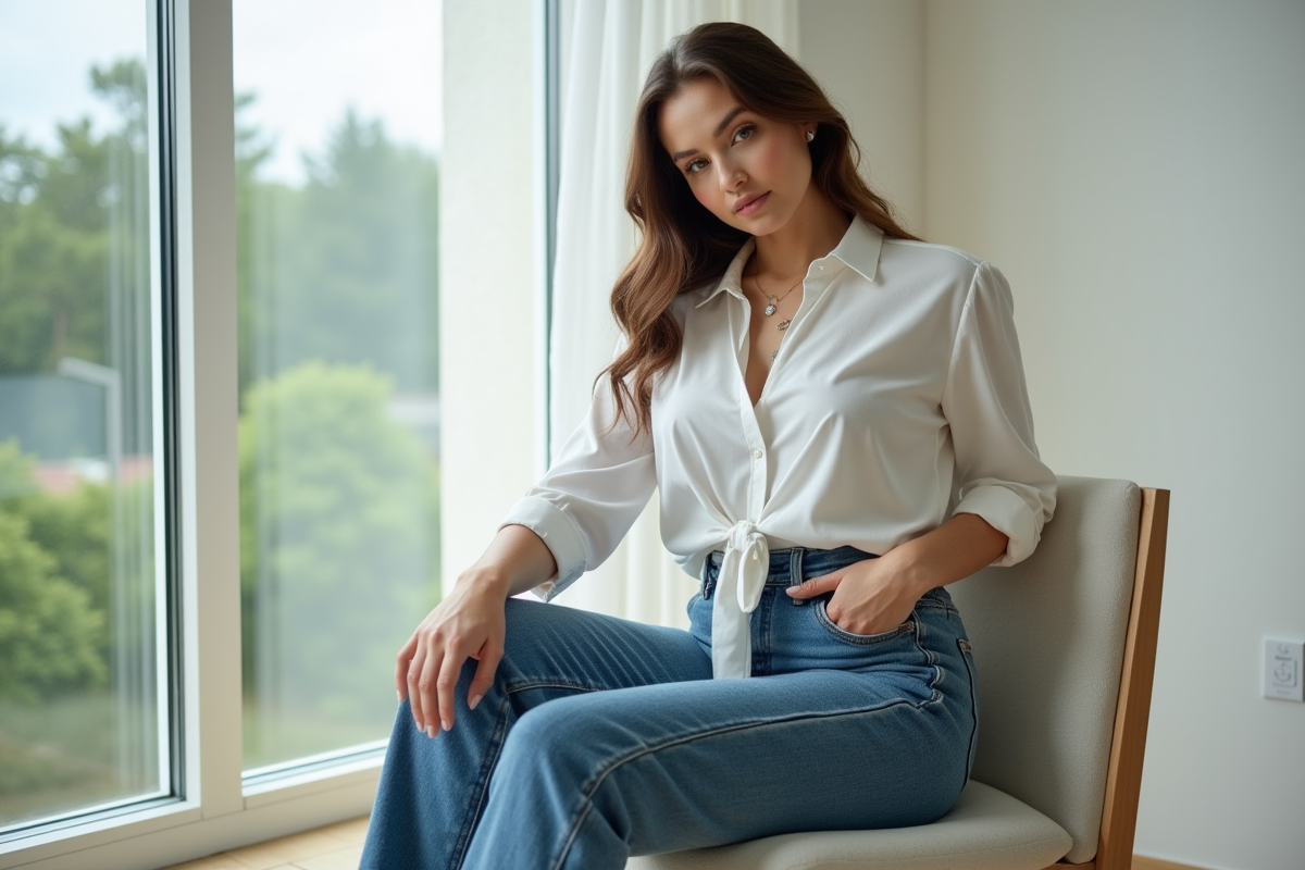 Femme en jeans ample assise près d