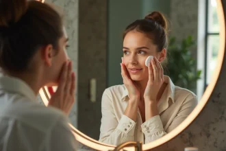 Femme appliquant savon noir sur le visage dans une salle de bain moderne