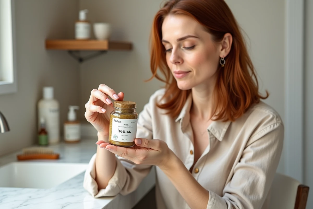 Femme d'une quarantaine d'années examinant attentivement l'étiquette d'un pot de henné colorant naturel dans une salle de bain minimaliste