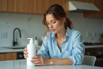 Femme lisant une bouteille de shampoing dans la cuisine moderne