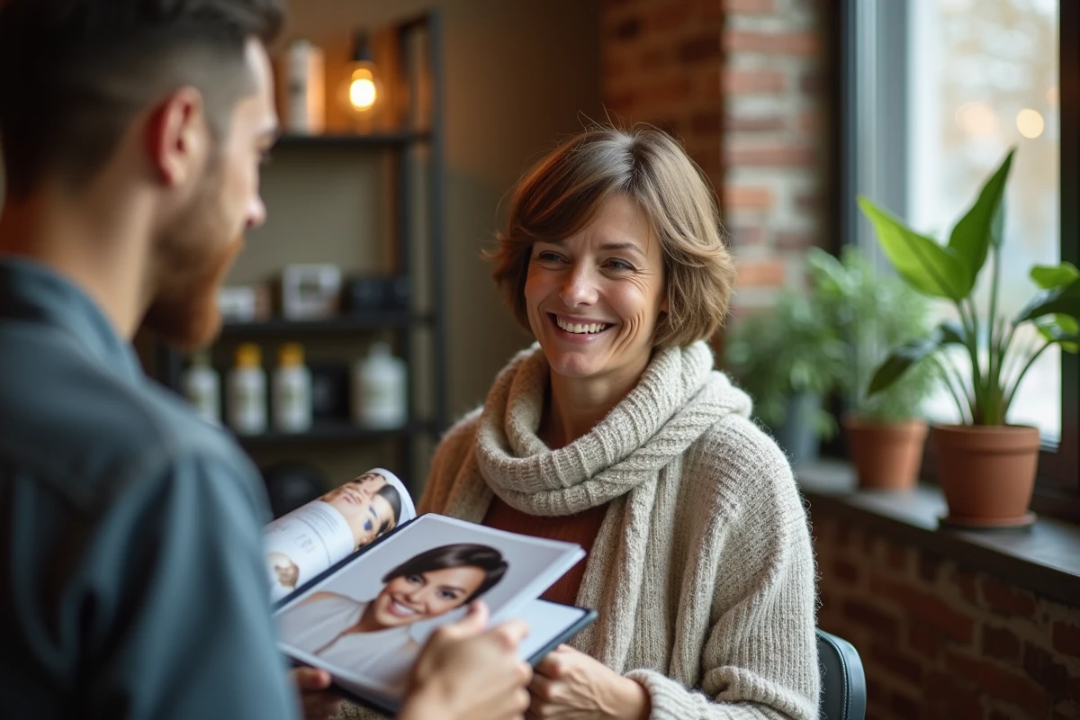 Femme souriante montrant une coiffure dans un magazine