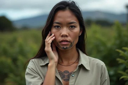 Jeune femme Maori avec tatouage facial traditionnel