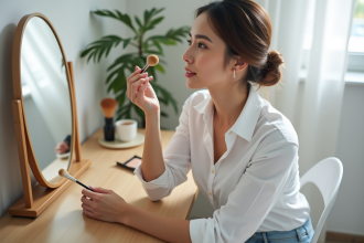 Femme appliquant du fond de teint dans sa chambre lumineuse