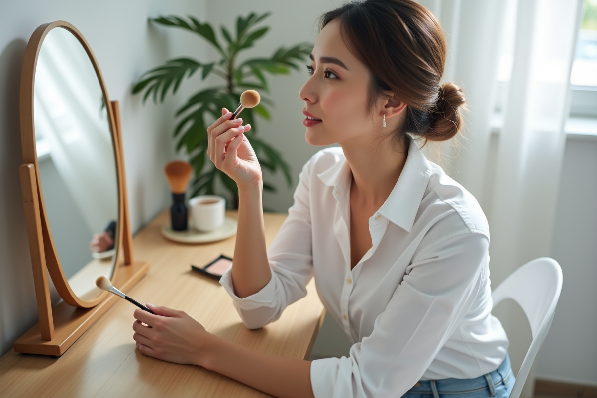 Femme appliquant du fond de teint dans sa chambre lumineuse