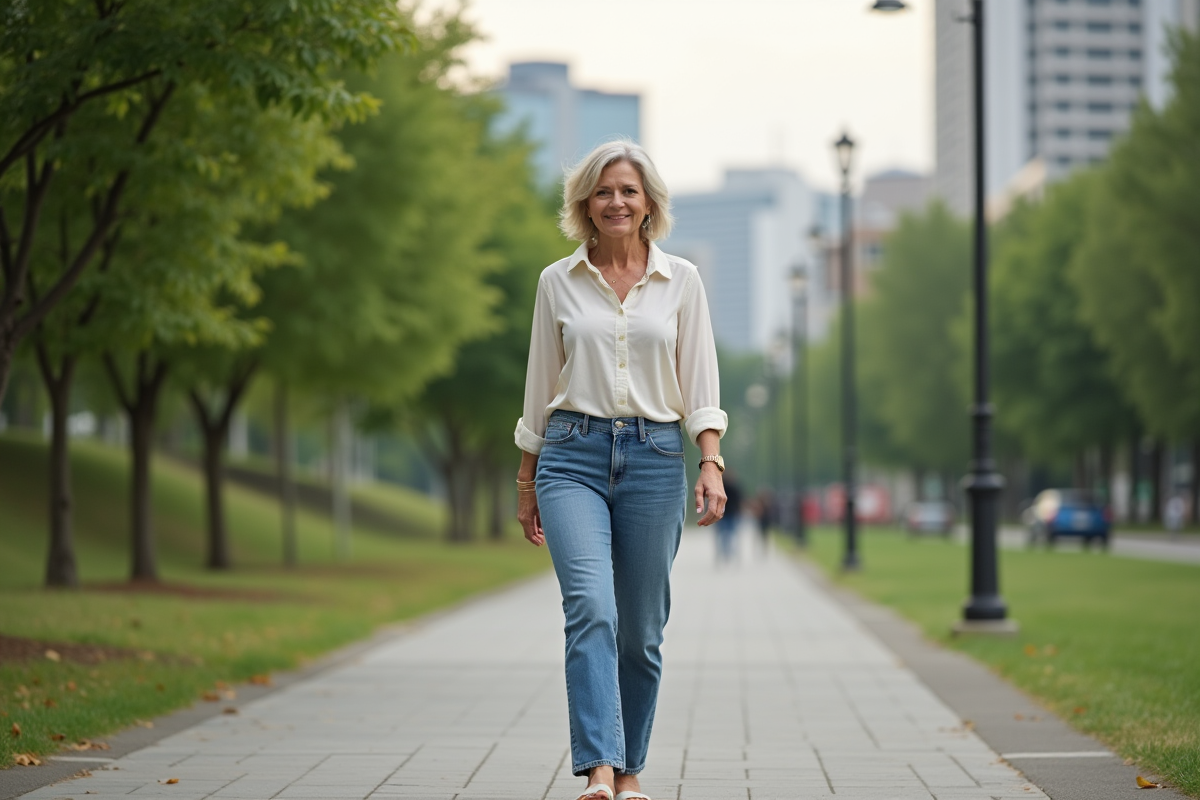 Femme en jeans marche dans un parc urbain