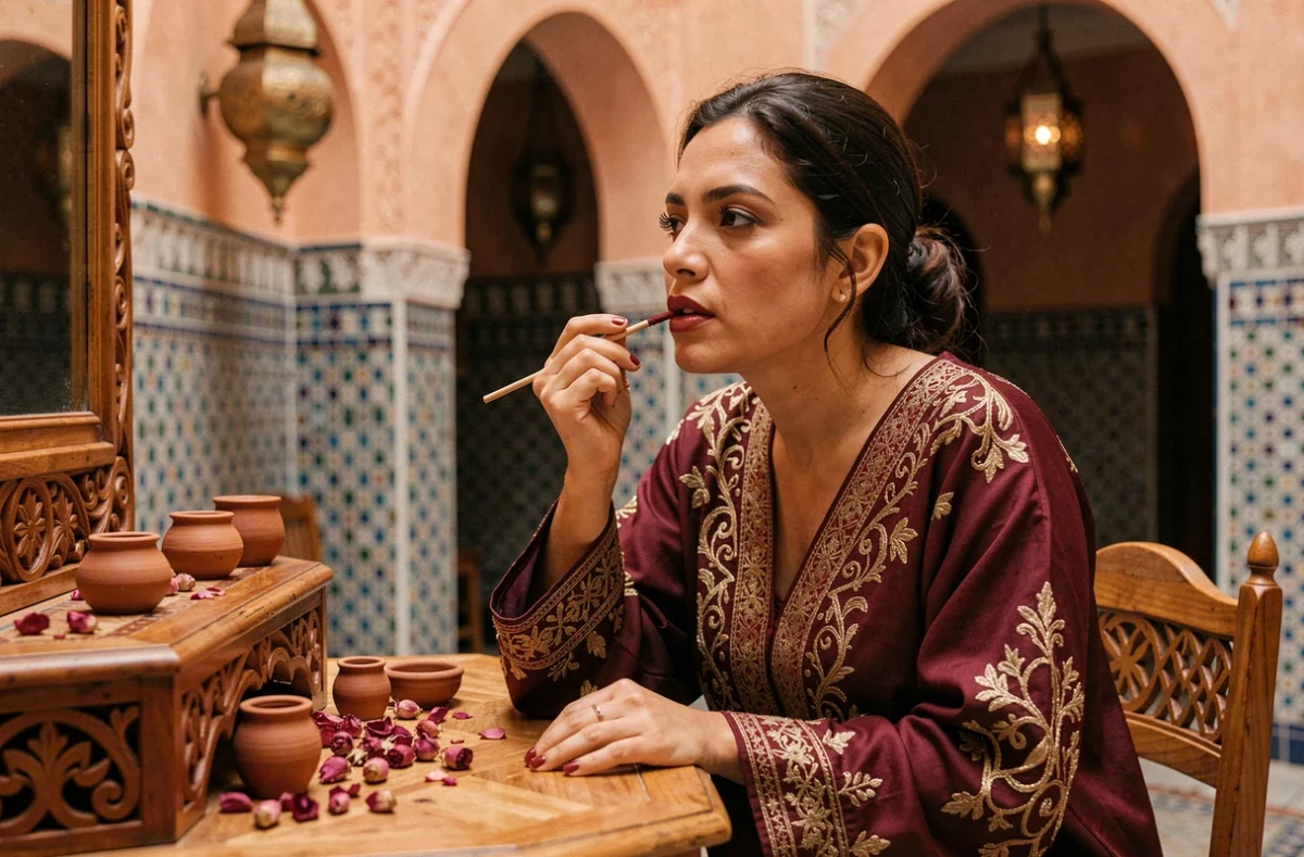Femme marocaine appliquant l'aker fassi sur ses lèvres avec un bâtonnet en bois dans un riad traditionnel