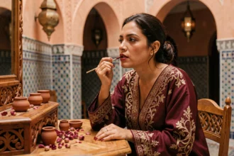 Femme marocaine appliquant l'aker fassi sur ses lèvres avec un bâtonnet en bois dans un riad traditionnel