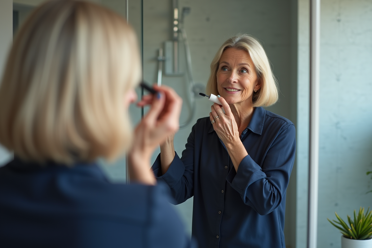 Femme appliquant du mascara dans une salle de bain moderne