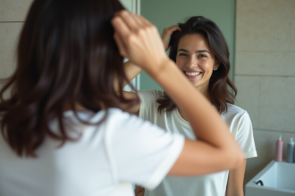 Femme souriante devant le miroir dans la salle de bain