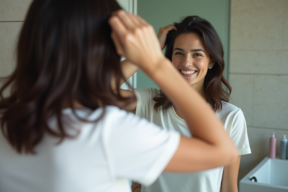 Femme souriante devant le miroir dans la salle de bain
