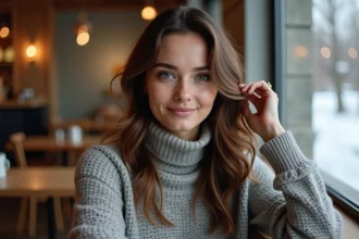 Femme élégante en café avec pull en laine brun