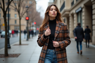 Femme élégante en manteau en laine à la ville