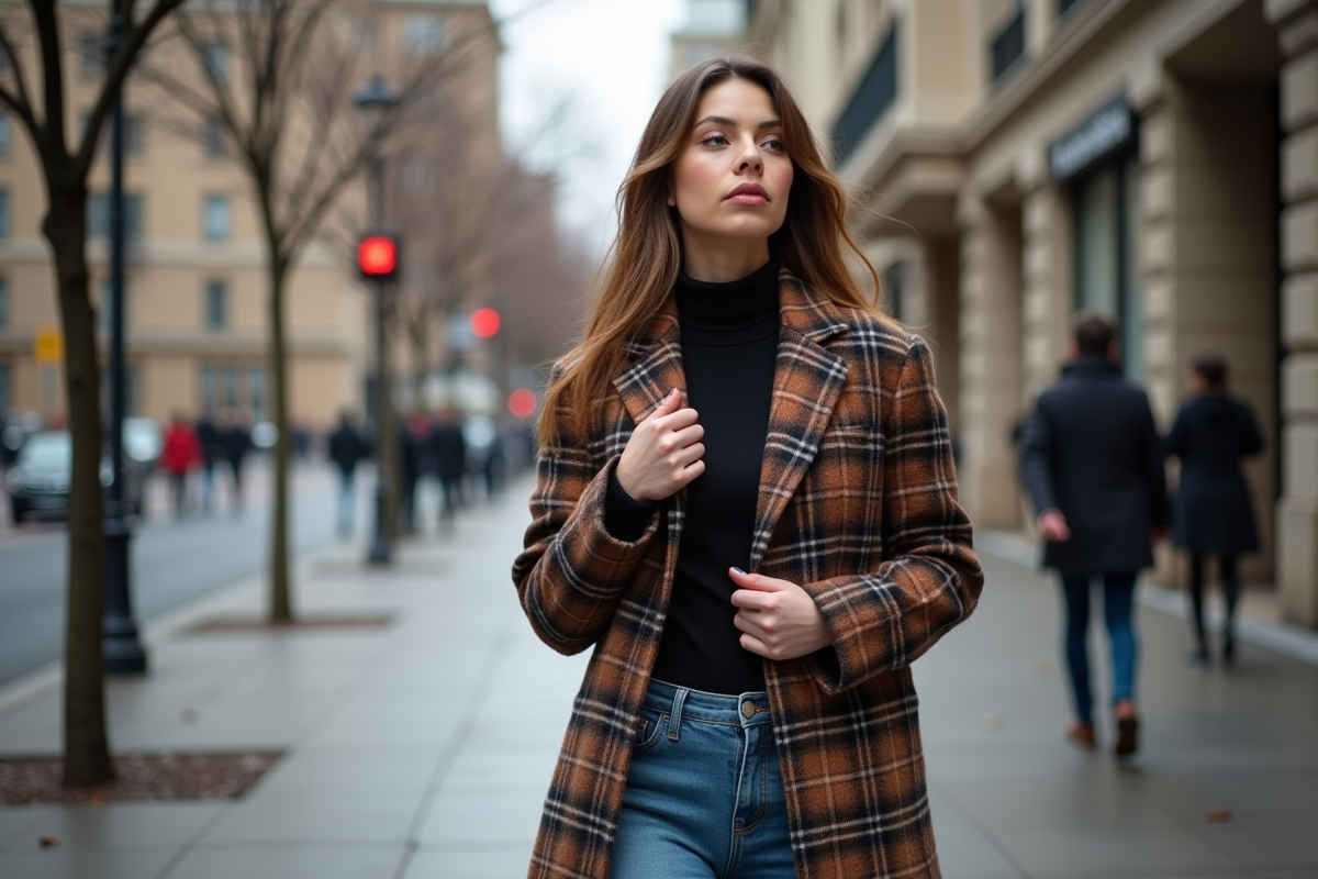 Femme élégante en manteau en laine à la ville
