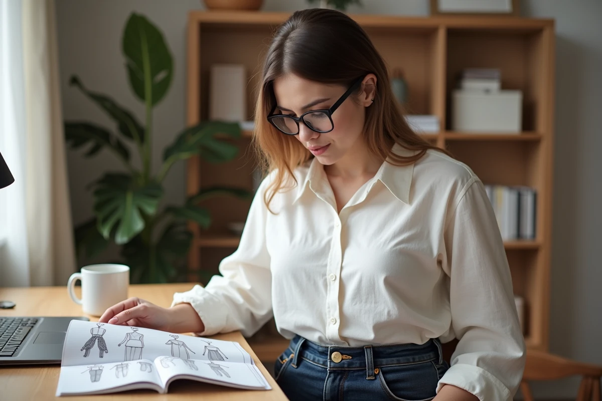 Femme à la morphologie en poire assise à un bureau scandinave consultant un magazine de mode sur les morphologies corporelles féminines, dans un intérieur minimaliste