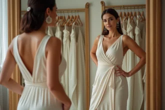Femme aux courbes naturelles en robe portefeuille crème se regardant dans un miroir de boutique parisienne, illustrant la morphologie sablier et la confiance en soi