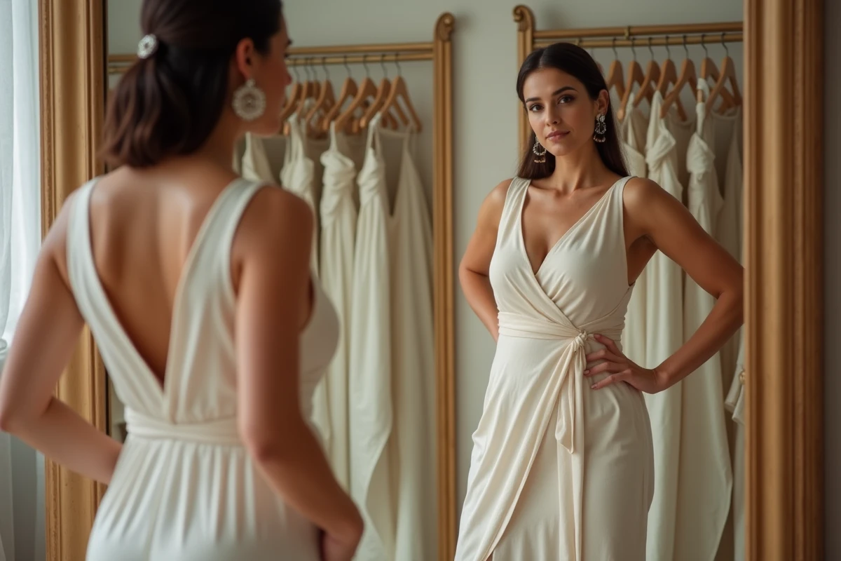 Femme aux courbes naturelles en robe portefeuille crème se regardant dans un miroir de boutique parisienne, illustrant la morphologie sablier et la confiance en soi