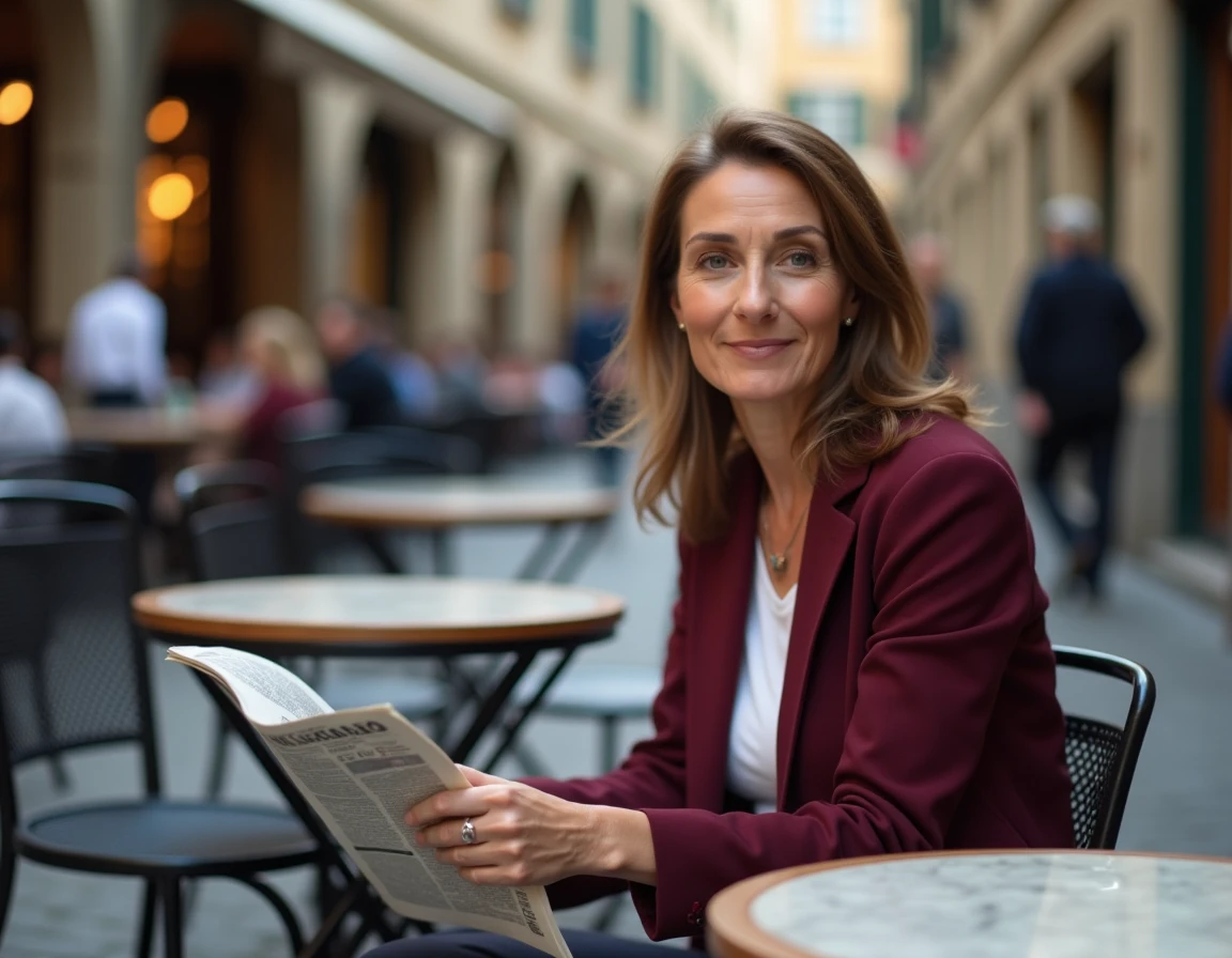Femme élégante avec un nez aquilin assumé attablée en terrasse de café dans une ville européenne
