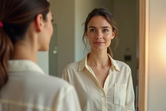 Femme assumant son nez aquilin face au miroir avec un regard confiant et serein