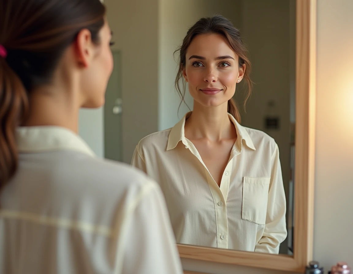 Femme assumant son nez aquilin face au miroir avec un regard confiant et serein