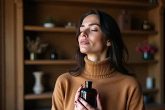 Femme tenant un flacon de parfum boisé dans un appartement parisien chaleureux, évoquant les notes de cèdre et de santal de Fargance