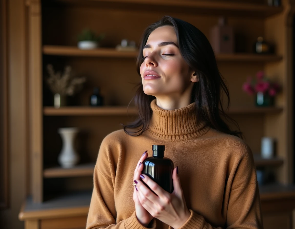 Femme tenant un flacon de parfum boisé dans un appartement parisien chaleureux, évoquant les notes de cèdre et de santal de Fargance