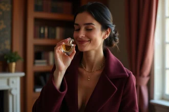 Femme élégante tenant un flacon de parfum Zara dans un appartement parisien cosy en hiver