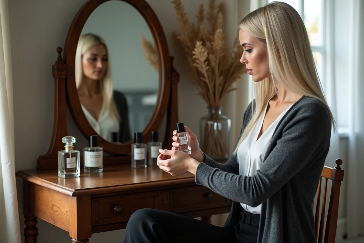 Femme appliquant un parfum Zara d'hiver devant un miroir vintage dans une chambre élégante